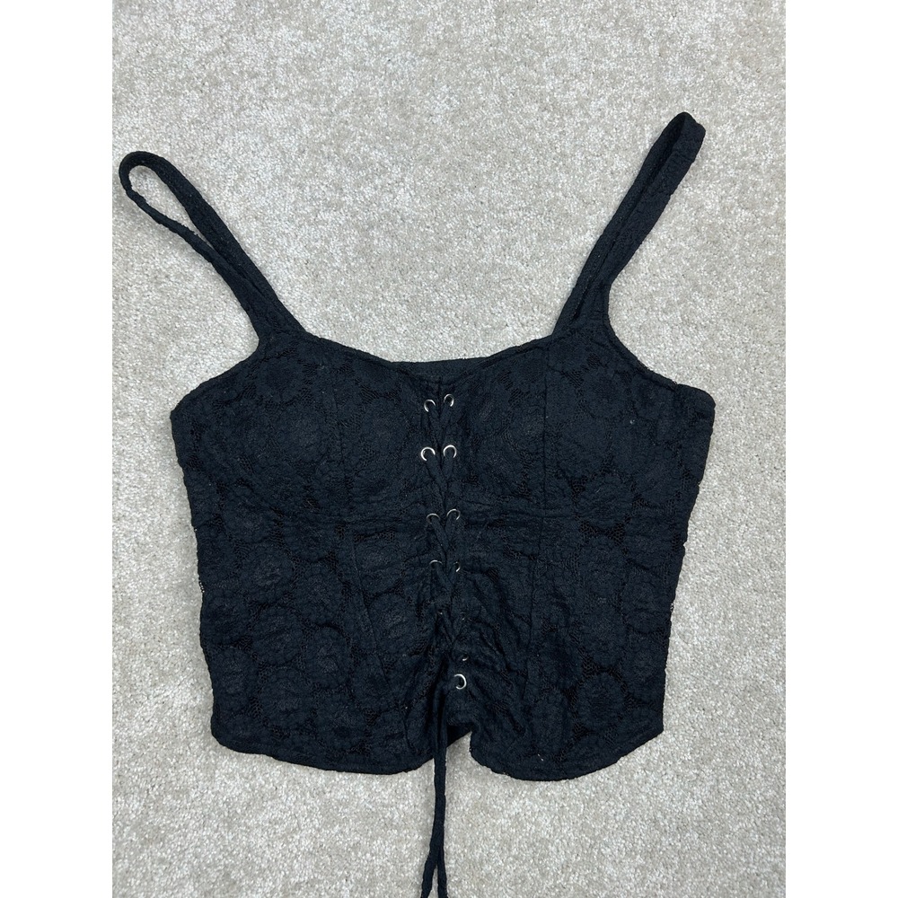 Black Floral Lace Corset Top L Lace Up Camisole Goth Coquette Grunge Y2K